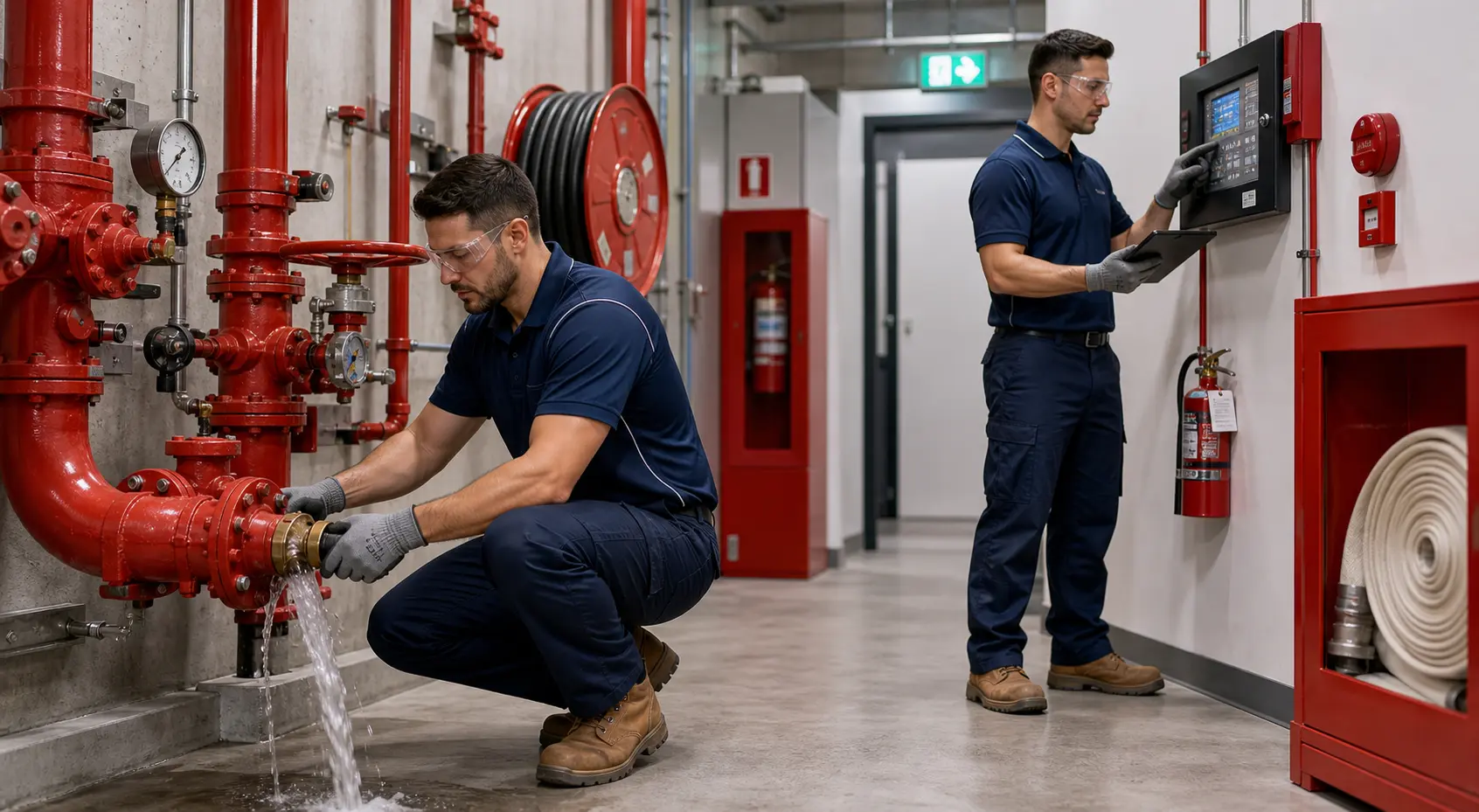 Essential Services contractors testing fire safety systems