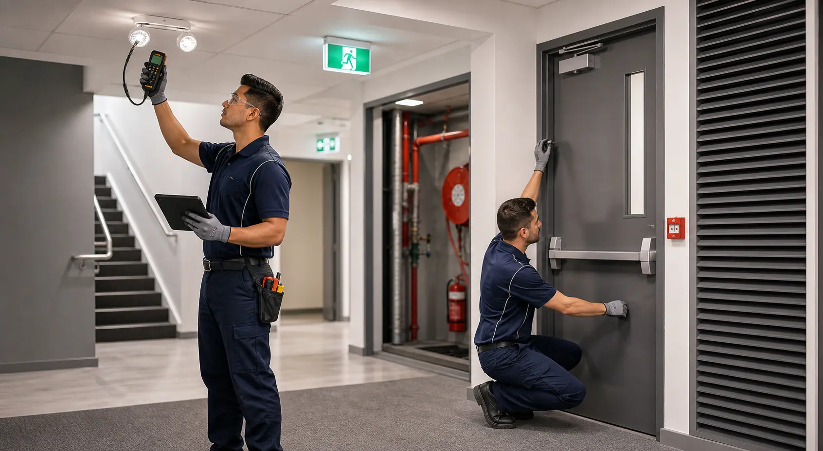 Essential Services contractors inspecting emergency lighting and fire doors
